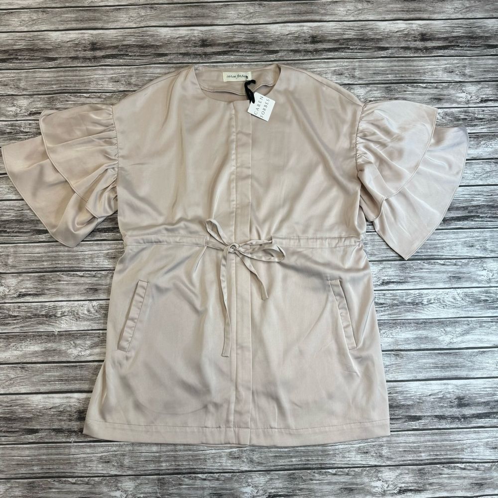 Caren Forbes Women's Satin Ruffle Tunic Zip Blouse Jacket NWT Large Neutral